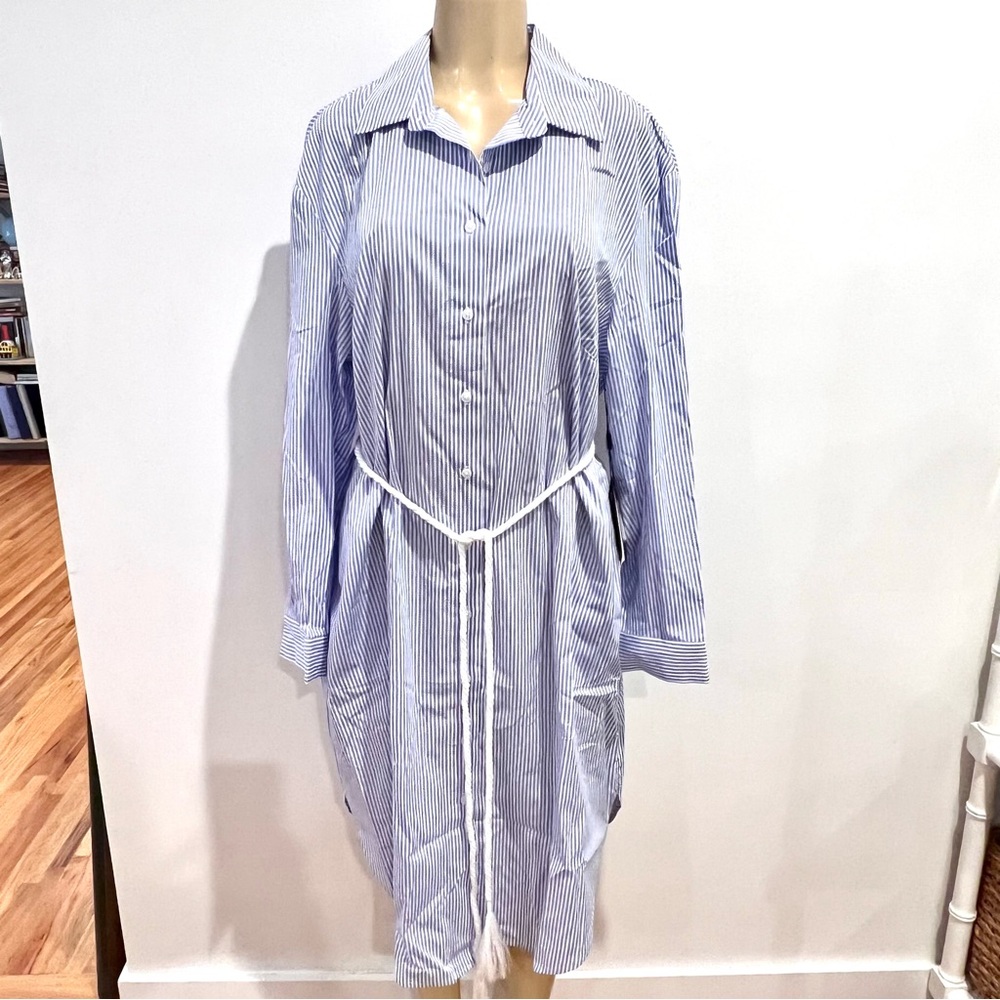 New 11 Honore Striped Amena Shirtdress Sz 16 Long Sleeve Midi Cotton Shirt Dress - Picture 1 of 8